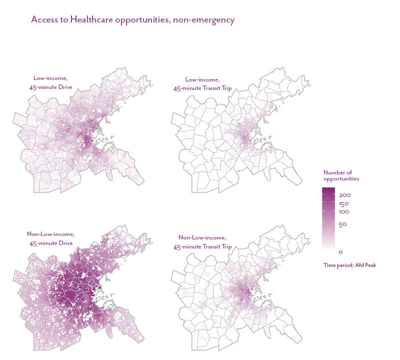 Figure 22 is a map that shows the number of non-emergency healthcare opportunities accessible within a 45-minute drive or public transit trip for the low-income and non-low-income populations living in the Boston region.